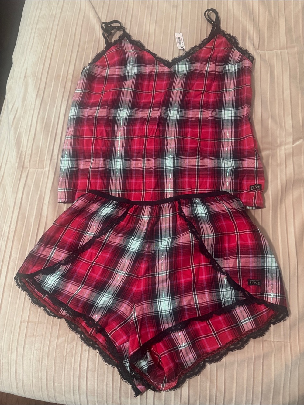 Victoria Secret LOVE Red Plaid Lace Trim Cami & Short Sleep Set